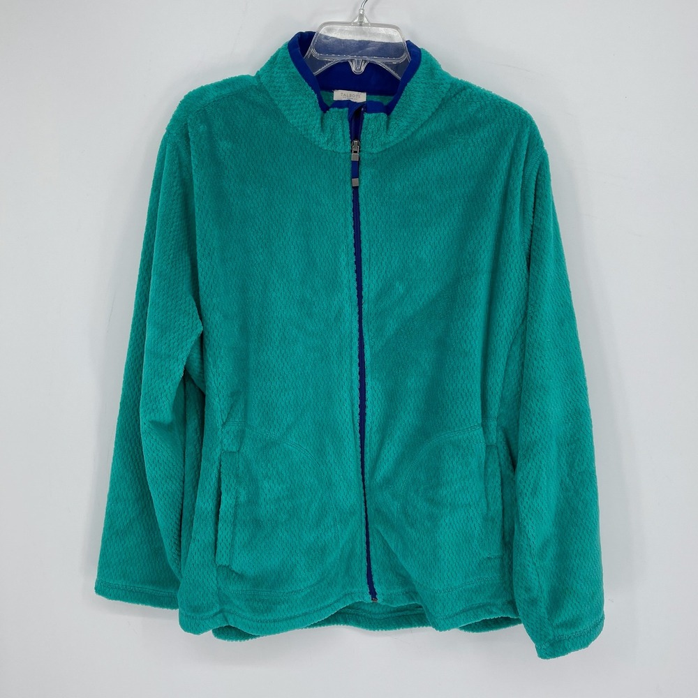 Talbots Women's Teal Blue Trim Full Zip Cozy Faux Fur Fleece Jacket Plus Size 2X